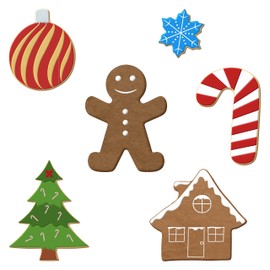 Gingerbread House Cookie Cutters Set, 4" Man, 3.75" Tree, 4.75" Candy Cane, 3" Ornament Ball, 1.75" Snowflake, 3.5" House Foose, USA, 6 Piece
