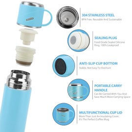 Trinkflasche Edelstahl, Auslaufsicher Thermoskanne, Isolierte Wasserflasche BPA-Frei, Thermosflasche 550ml mit Tasse & Griff, Isolierflasche für Kaffee,Tee- für Outdoor/Arbeit/Kinder/Schule/Baby, Blau