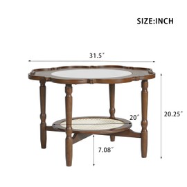 Merax Mid-Century Style Coffee Table with Petal Shape and White Crackle Pattern Glass, Vintage Design 2-Tiered Coffee Table with Rattan, Walnut, 31.5"