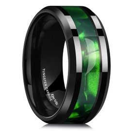 King Will Tungsten Carbide Wedding Band for Men - 8mm Black High Polished Inlay Green Shell Texture Patterns for Everyday Wear Comfort Fit 11.5