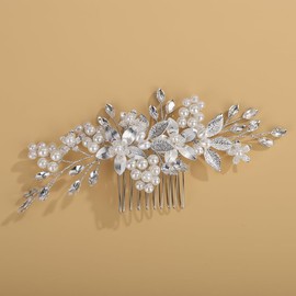 Teyglen Vintage Flower Bride Wedding Hair Comb Leaf Bridal Headpiece Silver Leaves Side Comb Pearl Crystal Hair Piece Hair Accessories for Women (Silver)