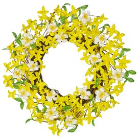 Oairse Artificial Forsythia Flowers Wreath 20" Spring Summer Wreath Faux Floral Wreath Yellow Forsythia Door Wreaths for Front Door Home Kitchen Wall Window Mantle Farmhouse Indoor Outdoor Decor