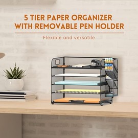 SUPEASY Organizador de escritorio de 5 niveles con asa y soportes extraíbles para bolígrafos, organizador de papel de malla/archivos para escritorio, 