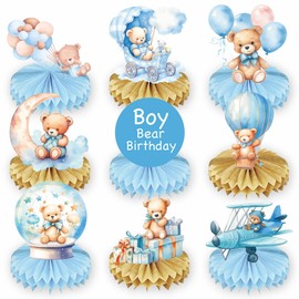 Epunk 9 Pcs Baby Shower Decorations Fairy Tale Honeycomb Table Decorations for Birthday Party - Bear Theme - Boys