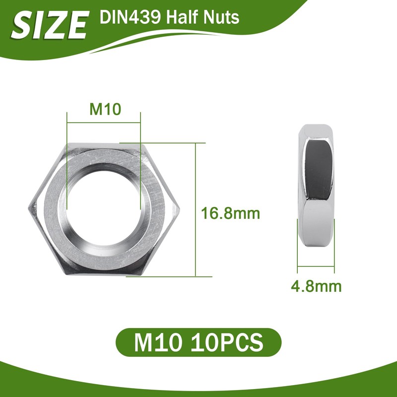 M10 Nuts, Pack of 10, Hex Nut Stainless Steel (Low