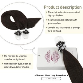 Moresoo Real Hair Extensions Micro Ring Brown Real Hair 14 Inches / 35 cm Pre Bonded MicroRing Hair Extensions Remy Darkest Brown #2 Cold Fusion Micro Loop Extensions, 1g/s 50g