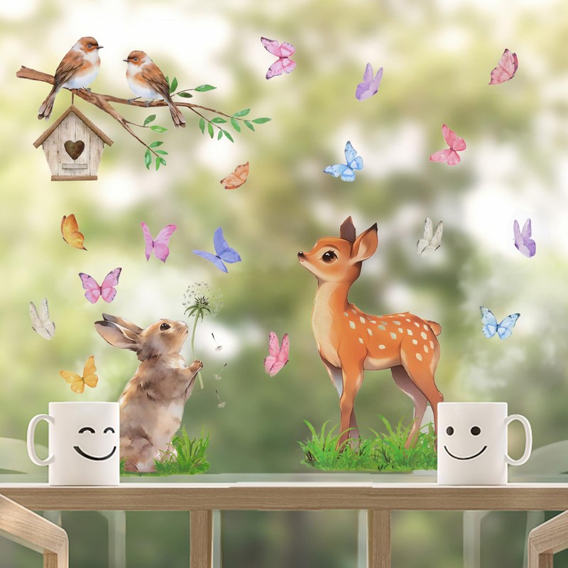 3 Sheets Spring Summer Window Stickers Rabbit Sika Deer Animals