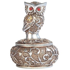 George S. Chen Imports SS-G-54365, 4 Inch Silver and Bronze Owl with Red Gems Trinket Box