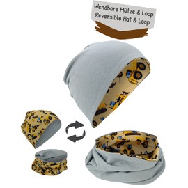 HECKBO Children's Beanie Hat & Scarf, Tube Scarf Set, for Girls and Boys, 95% Cotton, Autumn, Spring, Winter, Construction vehicles