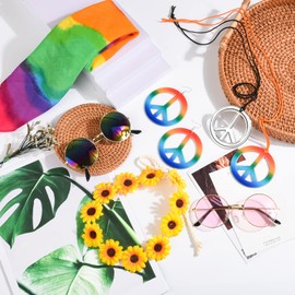 WuikerDuo Retro Hippie Accessories, Hippie Costume Set with 60s Retro Vintage Sunglasses, Peace Sign Necklace and Earring, Sunflower Crown Headband, Colourful Hippie Headband