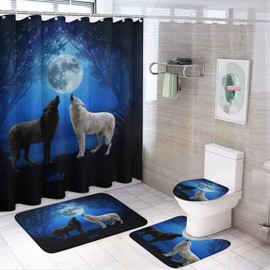 Kazynee Boys Black&White Wolf Shower Curtain Sets with Rugs 4 Piece Accessories Bathroom Curtains Shower Set Include Shower Curtain Non-Slip Rug Toilet Lid Cover Bath Mat One Size