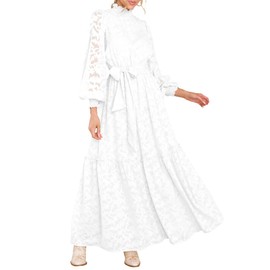 MITILLY Long Sleeve Dress for Women Formal Floral High Neck Elastic Waist Flowy Maxi Dress with Belt Large White
