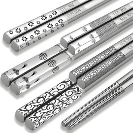 Stainless Steel Chopsticks 5 Pairs Metal Chopsticks Reusable Dishwasher Safe Square Lightweight Non-Slip Chop Sticks (Silver)