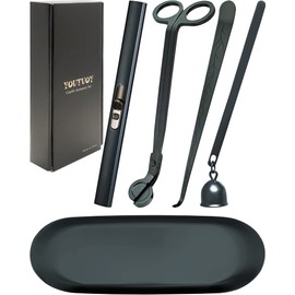 YOUTUOY 5 in1 Candle Accessory Set with Rechargeable Candle Lighter, Candle Wick Trimmer, Candle Wick Snuffer, Candle Wick Dipper, Storage Tray Plate, Candle Care Kit (Matte Black)