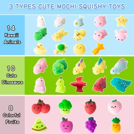 32Pcs Mochi Squishy Toys, Kawaii Animals Dinosaur Fruits Mini Squeeze Toys Pack, Soft Squishies Stress Relief Sensory Fidget Toys Party Bags Fillers for Kids Birthday Party Favors Gifts