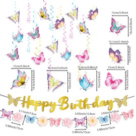 BMYUK Butterfly Decorations Hanging Swirl Decor with Glitter Paper Flowers Pink and Purple for Women Girls Children Spring Summer Birthday Baby Shower Wedding Decoration