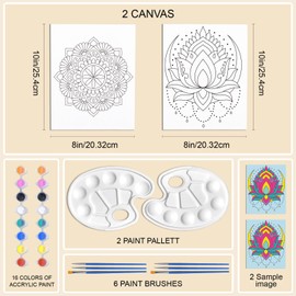 WEBEEDY 2 Pack 8x10 Canvas Painting Kit, Mandala Pre Drawn Stretched Canvas, Painting DIY Paint Party Favor, Sip and Craft Art for Home Wall Décor