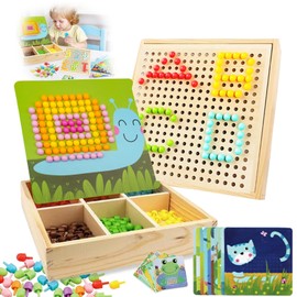 Ryvera Mosaic Peg Game for Children, Toy from 2 3 4 5 Years Wooden Mosaic Craft Set Mosaic Pegboard with Beads Cards, Creative Educational Learning Toy Gift for Children Girls Boys