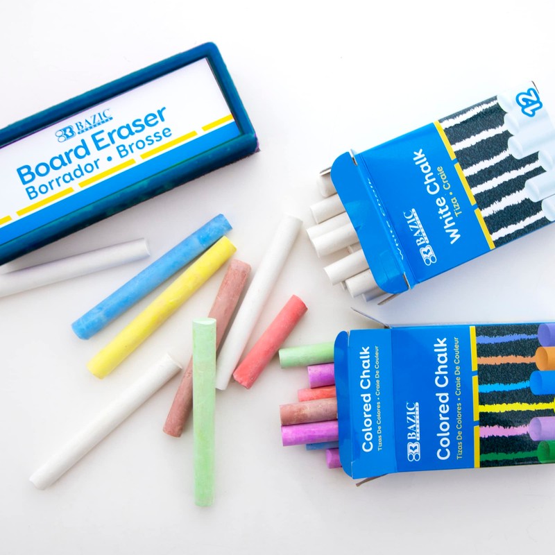 BAZIC Colored (12 Pcs) + White (12 Pcs) Chalk +