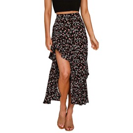 BTFBM Women 2025 Summer Spring Boho Long Skirts Dress Floral Print Elastic Waist Split Ruffle High Low Beach Maxi Skirt(Z-Black, Large)