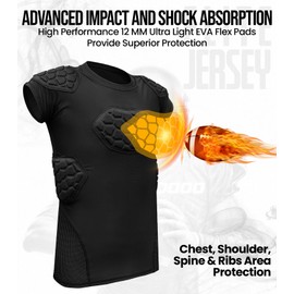 Exxact Sports Elite 6-Pad Adult Padded Football Shirt with Chest, Shoulder, Ribs & Spine Protection, Mens Football Padded Compression Shirt (Black, Adult 2X-Large)