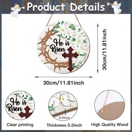 HPNIUB He Is Risen Easter Decoration Wooden Sign for Front Door, Religious Easter Wooden Sign Decor, 3D Cross Spring Flowers Jesus Easter Wall Art for Front Door, Garden, Easter Gift