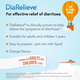 DiaRelieve - Effective Diarrhoea Relief For Adults And Children 1 Year Plus. Gluten Free. Dairy Free. Orange Flavour. 10 x 3.25g Sachets