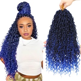Goddess Locs Crochet Hair 14 Inch 8 Packs Faux Locs Crochet Hair for Black Women 1B/Blue Pre Looped River Locs Hair with Curly Ends