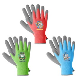 COOLJOB COOLJOB 3 Pairs Kids Gardening Gloves for Age 9-12, Children Toddlers Boys Grippy Rubber Coated Work Gloves, Red & Green & Blue (Explorer, Large L)