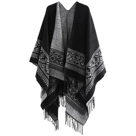 Superora Damen Poncho Cape Umhängetuch Stola Strick-Pullover Karierte Deckenschal Sweatshirt Schal mit Fransen,Schwarz