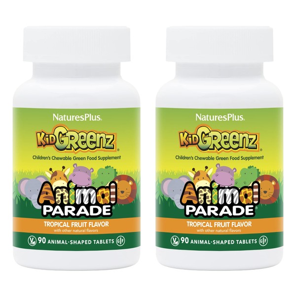 NaturesPlus Animal Parade KidGreenz, Tropical Fruit Flavor - 90 Animal-Shaped, Chewable Tablets - Pack of 2 - with Broccoli & Spinach - Vegetarian, Gluten Free - 180 Total Servings