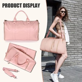 COSTYERT Foldable Garment Travel Bag, Large Pu Leather Garment Bag, Waterproof Garment Bag, Suit Bag With Shoulder Strap And Shoe Pocket, Crossbody Shoulder Bag, Pink Travel Bags for Women
