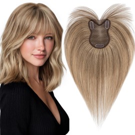 Elailite Human Hair Toppers for Women Real Human Hair Topper with Bangs Hand-Tied Thin 8 * 11CM Lace Base Light Weight Clip in Remy Hairpieces 11 Inch Medium Brown mix Dark Blonde