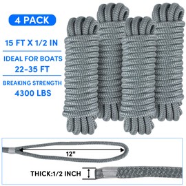 Dock Lines Boat Ropes for Docking 1/2" x15' Double Braided Mooring Marine Rope Boat Lines for Docking, Dock Lines for Boats with Loop, Gray 4 Pack
