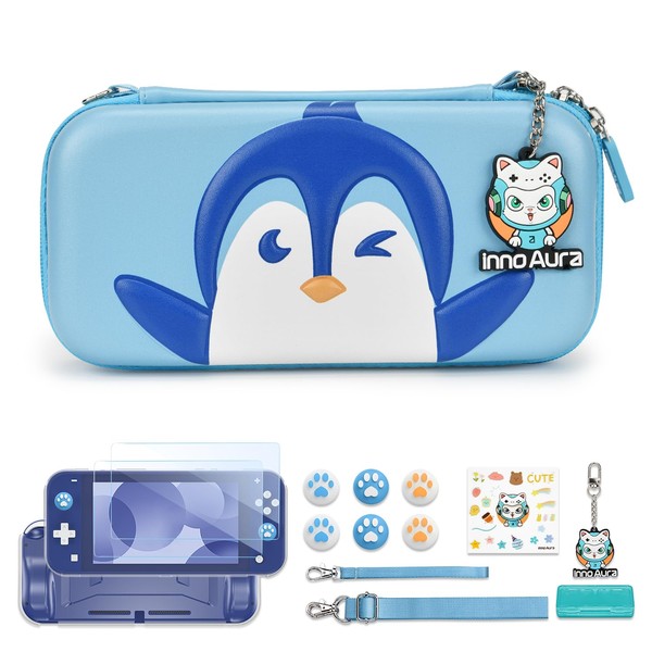 Switch Lite Carry Case, innoAura 15-in-1 Switch Lite Accessories with Switch Lite Bag Cute, Protect J-Con Shell, Switch Lite Screen Protector, Games Storage (Blue/White Penguin)
