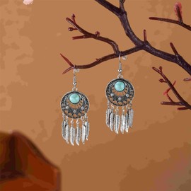 QLUYCKW Boho Turquoise Drop Earrings Retro Long Copper Feather Tasse Metal Leaf Dangle Earrings Vintage Country Western Jewelry Cowgirl Ethnic Style Geometric Concert Festival Accessories for Women (Silver Feather)