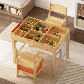 ROMSHINE Solid Wood Kids Table and Chair Set with Removable Tabletop, Toddler Construction Train Table with 2 Chairs & Storage Drawers, Activity Craft Play Desk for Drawing Reading in Nursery Playroom