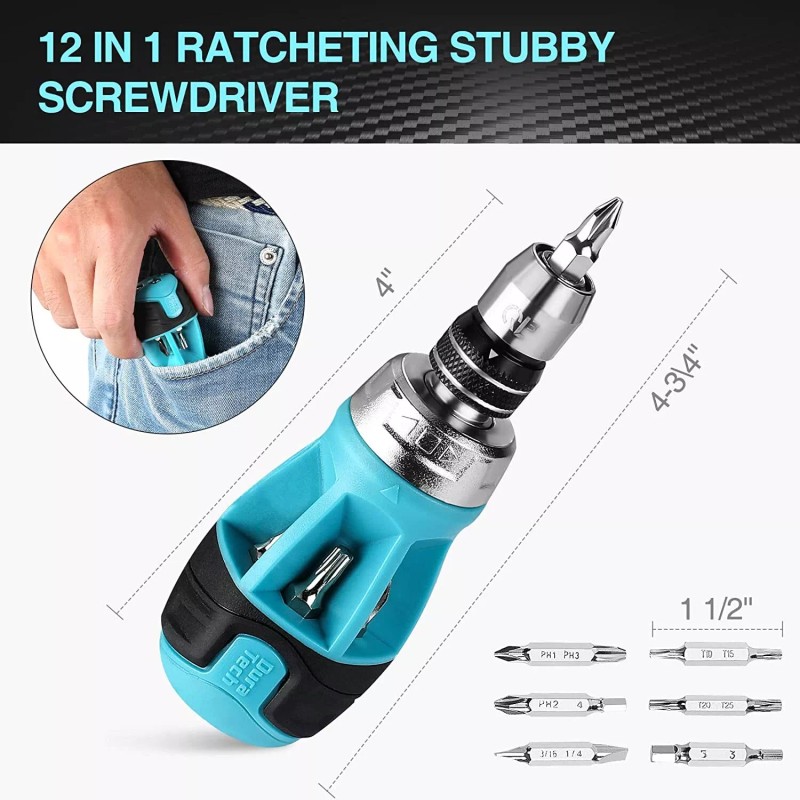 DURATECH Stubby Ratcheting Screwdriver 12-in-1 Multibit Short Screw Drivers New