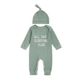 Fernvia Newborn Baby Boy Clothes Letters Print Bodysuit 3 6 9 12 18 Months Long Sleeve Jumpsuit with Hat 2PCS Outfits Set (A Green, 0-3 Months)