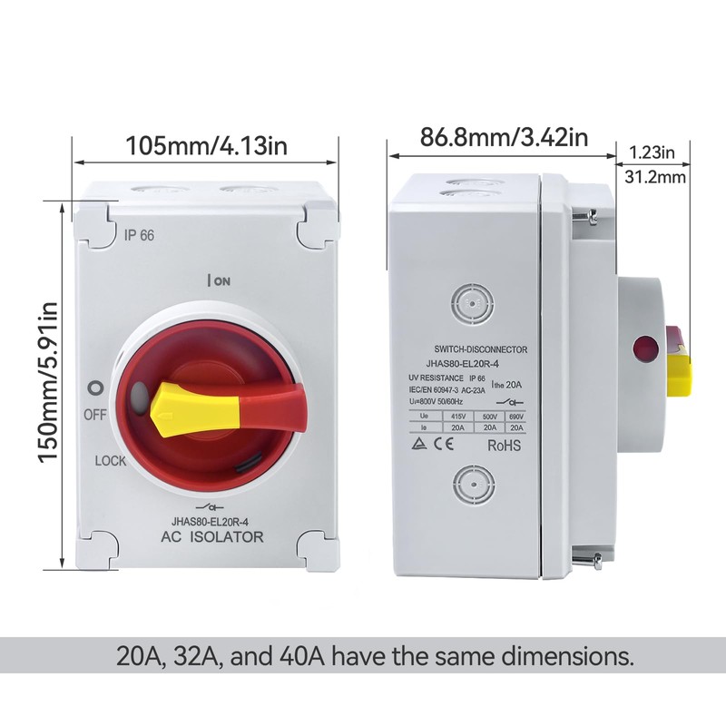 UL-Listed 32Amp Disconnect Switch 800V AC; IP66 Waterproof; Isolation PV