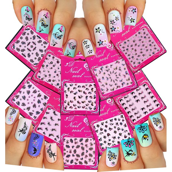 Adorable Nail Art 3D Stickers Decals With Rhinestones Variety Pack of 10 - Bows ♥ Butterflies ♥ Flowers ♥ Moon ♥ Idol Fish - White, Black & Rhinestone Ornaments/ FLIX /