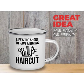 Flairy Land Hair Stylist Camper Mug 12oz - Life's Too Short - Hair Stylist Gift Beautician Hairdresser Salon Barber Hairdo Cosmetoloist Scissors Blower