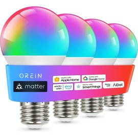 OREiN OREiN Matter Smart Light Bulb, Smart Light Bulbs Work with Apple Home, Alexa, Google Home, SmartThings, A19 Color Changing Light Bulbs 2.4Ghz WiFi, 800 Lumens Equivalent 60W 4Pack