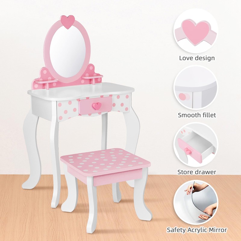 OOOK Kids Vanity Set,Table & Chair Vanity Set with Mirror（Includes