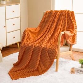 Vessia Flannel Fleece Twin Size Blanket(60x80 inch), 3D Jacquard Burnt Orange Fuzzy and Warm Blanket for Couch,Sofa, 300GSM Super Soft Touch Cozy Lightweight Bed Blanket for All-Season Home Decor