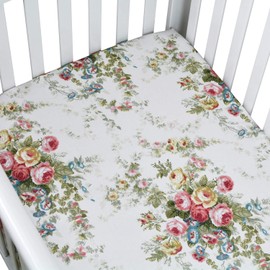Brandream Crib Sheet Girls Soft Cotton Floral Toddler Sheets Printed, All Seasons Use Cozy Hypoallergenic Vintage Shabby Baby Sheets for Standard Crib and Toddler Mattress, White Elegant Nursery Decor