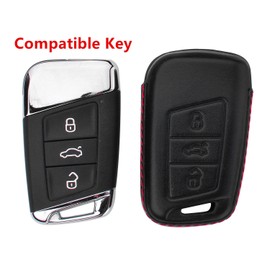 M.JVisun Men Women Genuine Leather Key Fob Cover For Volkswagen Arteon Atlas Golf Alltrack Jetta GLI Passat Taos SEL For Tiguan For Skoda Kodiaq Superb A7 Car Key Case with Key Ring Keychain - Black