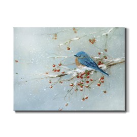 Renditions Gallery Bluebird in Winter Wall Art, Peaceful Christmas Decorations, Snowy Blue Bird on Holly Tree Branch, Gallery Wrapped Canvas Decor, Ready to Hang, 12 in H x 18 in W, Made in America