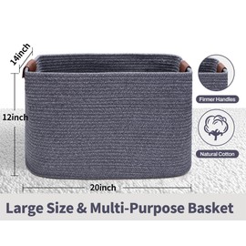 Large Cotton Rope Storage Basket with Leather Handles, Laundry Hamper Baskets, 20 "L x 14" W x 12 "H, Storage Blanket & Toy, Home Decor Basket. (Large Dark Grey)