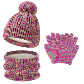 Kids Toddler Winter Hats Touchscreen Scarfs Gloves Set Pompom Beanie Caps Neck Warmer with Fleece for 5-8 Years Old Baby Girls Boys Gifts